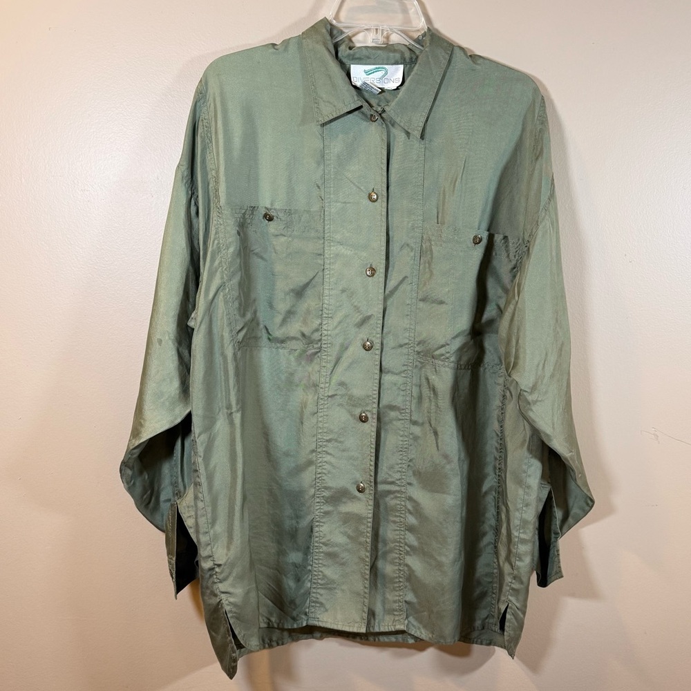 Diversions‎ 100 Silk Button Down Sage Safari M Top Oversized Long Sleeve Utility - Picture 2 of 12